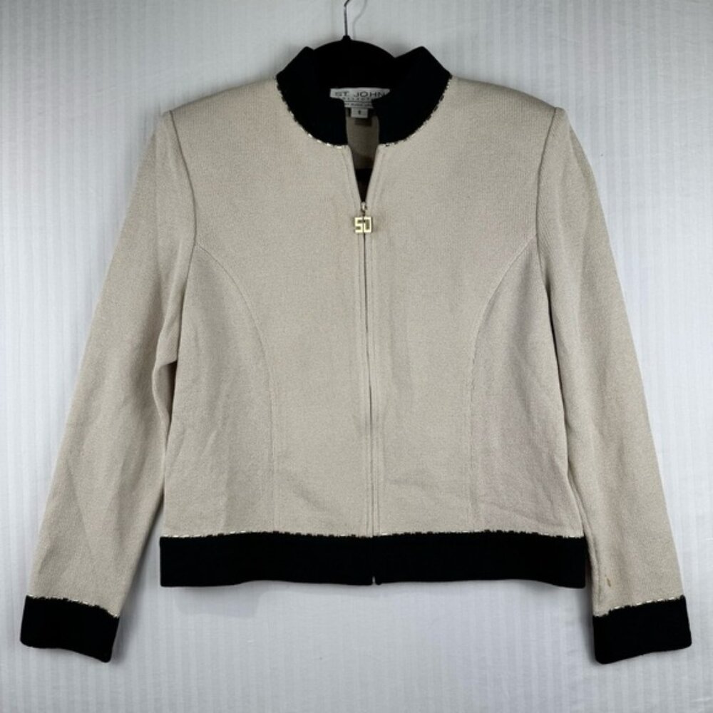 St. John Santana Knit Cardigan Knit Blazer Jacket Women's Size 8 Cream & Black